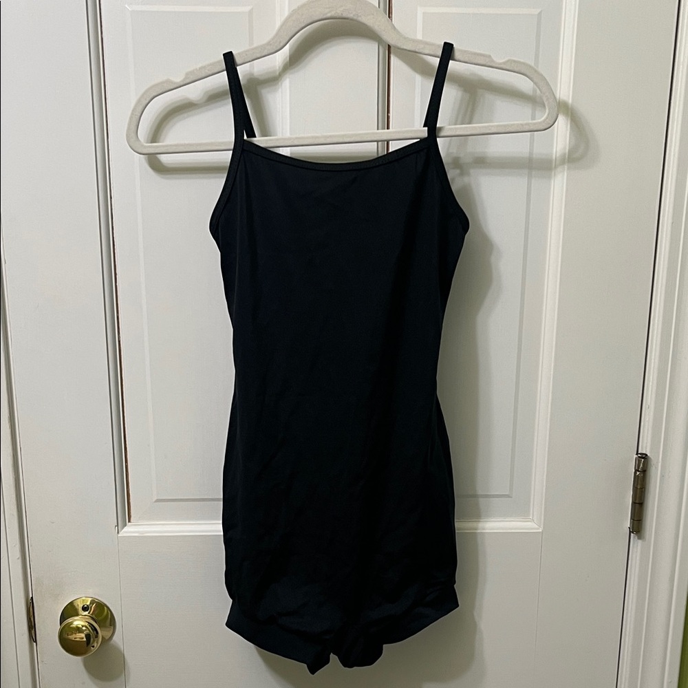 Spaghetti strap, tank style dance bodysuit tapered hem full coverage bottom
